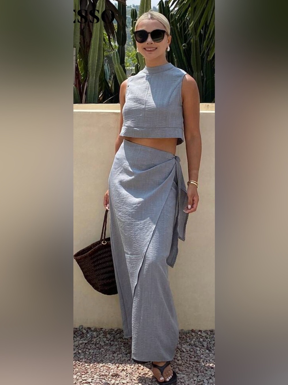 Light Grey Wrap Maxi Skirt and Top-Set-100% Polyester